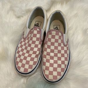 pink checkered slip on vans